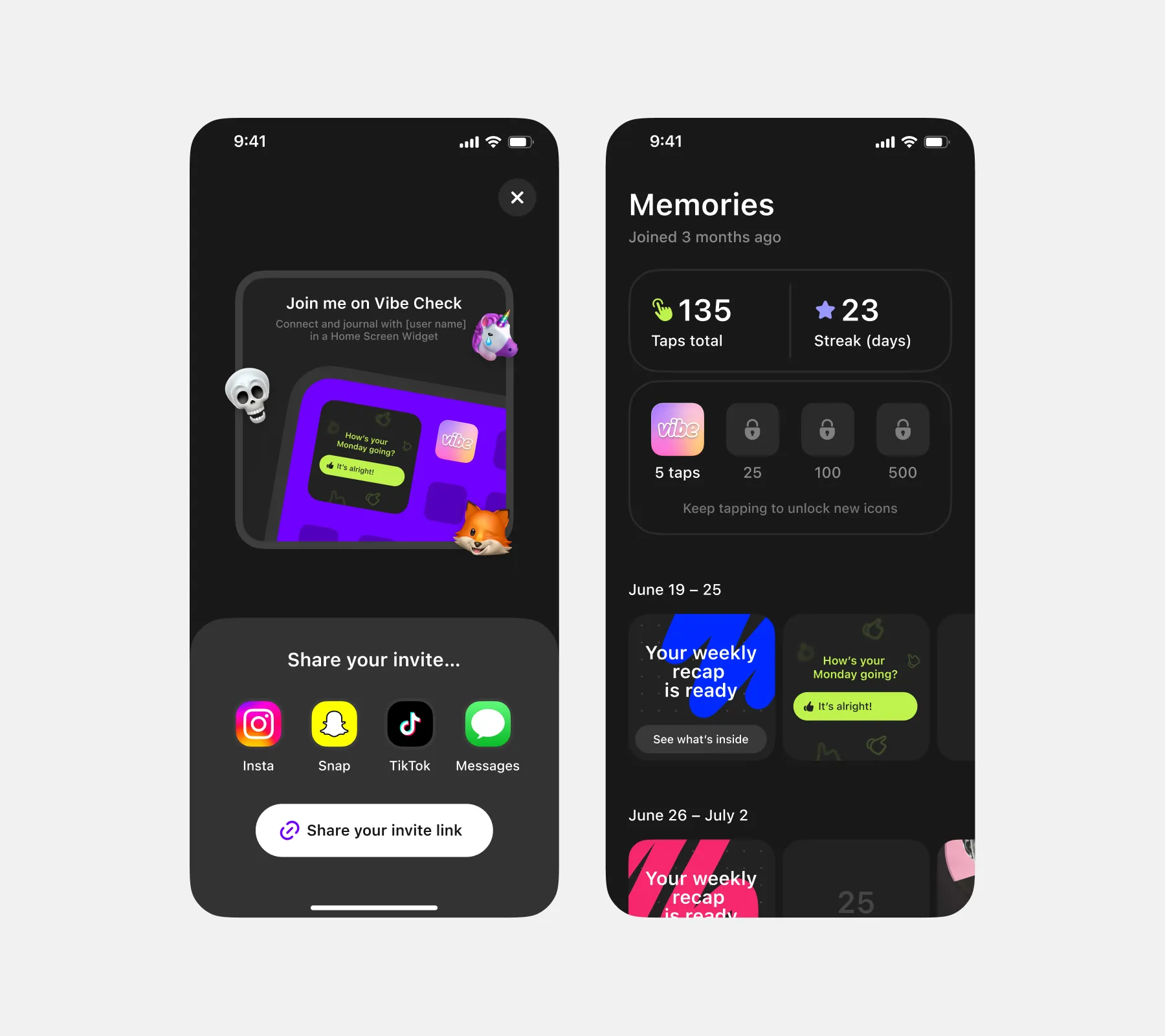 Vibe Check invite sheet and Memories screen with tap streaks