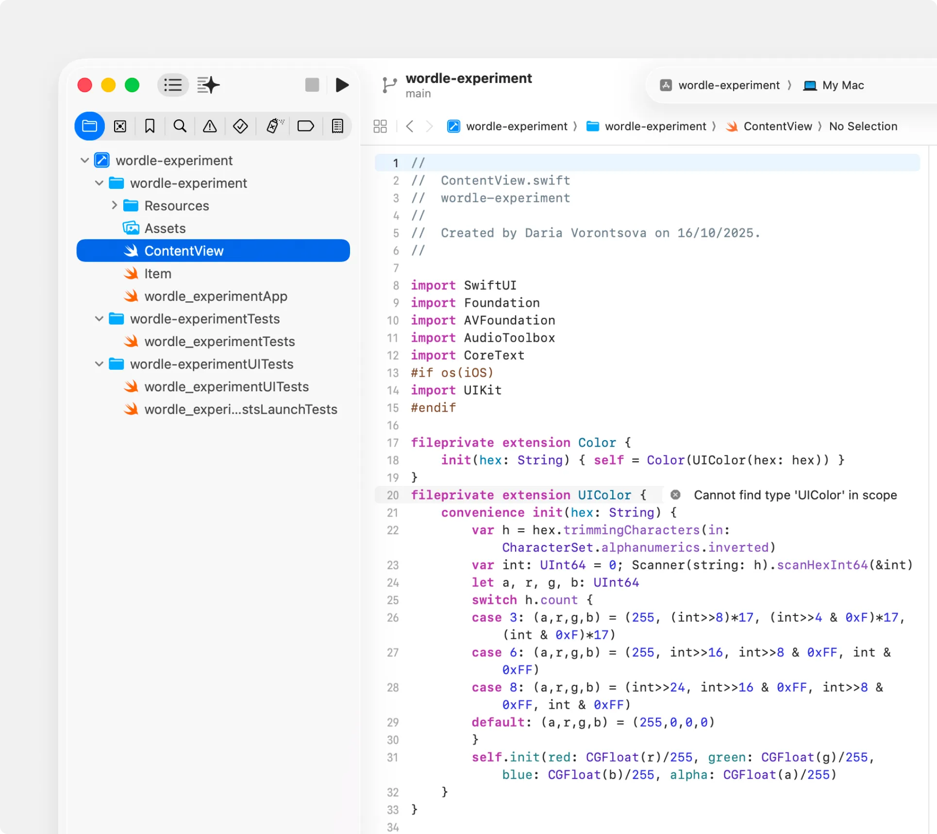 Xcode with the Wordle app source and SwiftUI previews