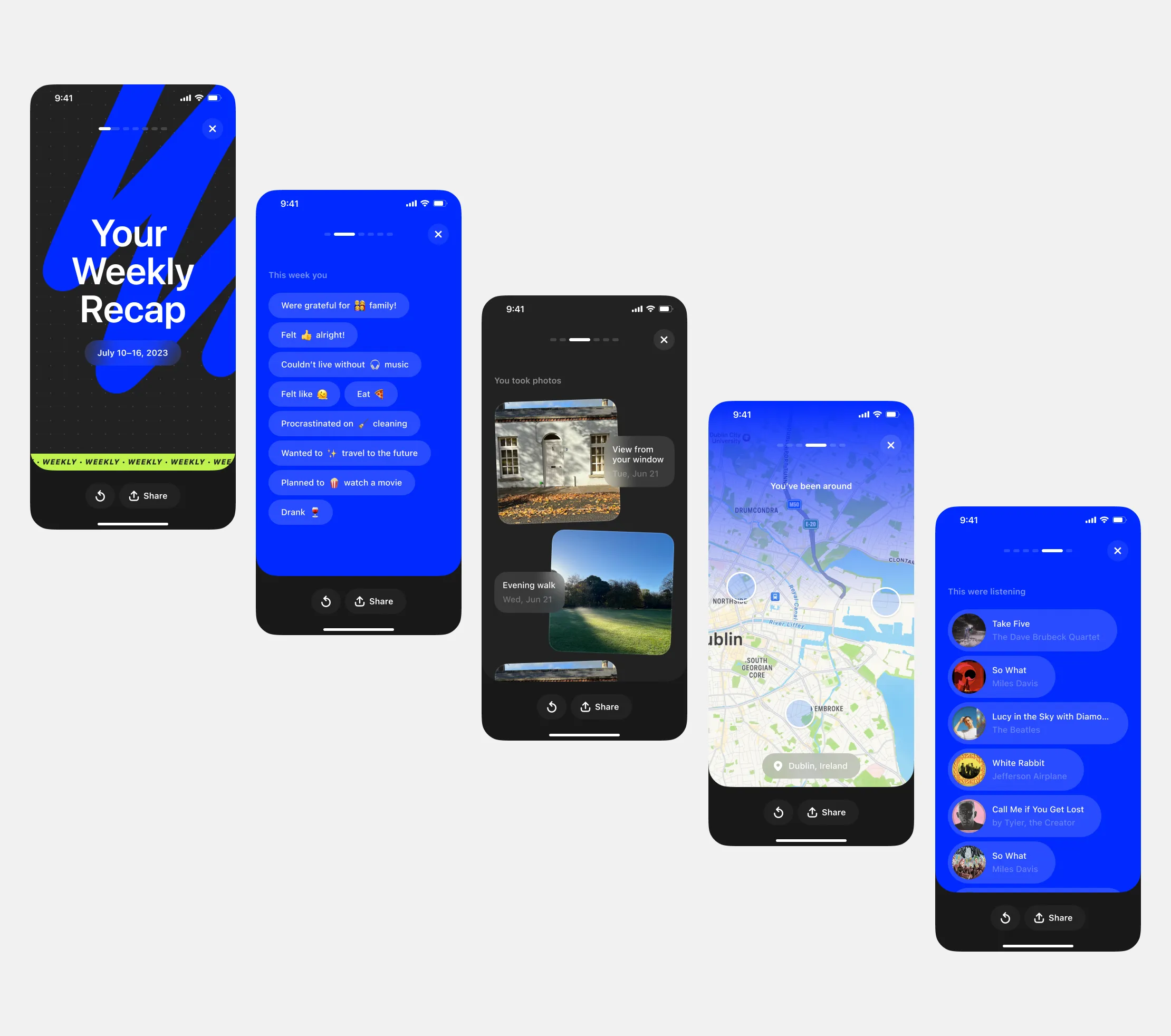 Weekly Recap story screens with mood highlights, photos, places and music